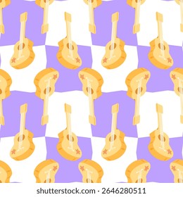 Desenho Animado Guitarra Sem Costura Design Padrão. Padrão contínuo com guitarras acústicas amarelas decoradas com estrelas em um fundo de xadrez roxo. Estilo de desenho animado plano com humor lúdico brilhante.