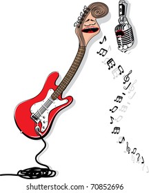 cartoon guitar sing to microphone. in vector