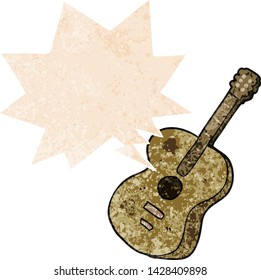 cartoon guitar with speech bubble in grunge distressed retro textured style