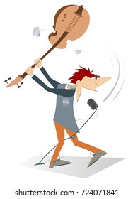 Cartoon guitarist is playing music and singing isolated. Cartoon guitarist brandishes guitar under the head and sings with great inspiration
