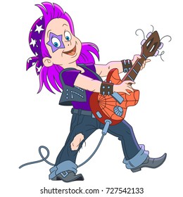 Cartoon guitarist of rock and roll band playing music with his electric guitar. Colorful book page design for kids and children.