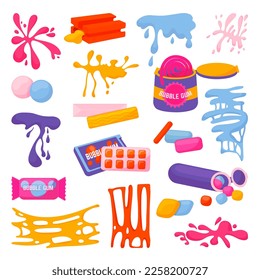 Cartoon gum splashes pink slime. Chewing gums isolated splash. Chews sticky, sweet colorful candies. Children bubblegum neoteric vector collection
