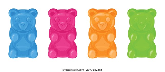 Cartoon gummy bears. Fruity jelly candy, chewy multi colored sweets in shape of bear flat vector illustration set. Gummy bears collection