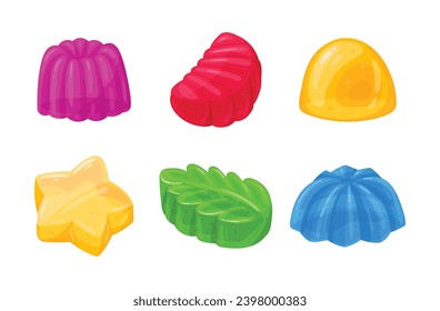 Cartoon gummy set. Jelly candy, fruity delicious chewy sweets with various flavors flat vector illustration set. Jelly sweets collection