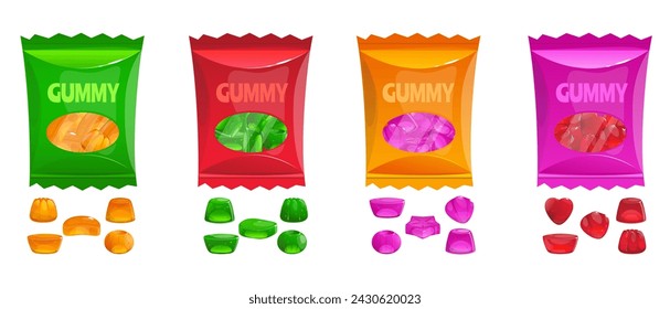 Cartoon gummy sweets packages. Colorful jelly gum candies. Different shapes and flavors. Juicy fruits marmalade. Chewing kids desserts. Gelatin bears. Vector