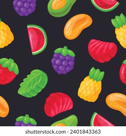 Cartoon gummy sweets seamless pattern. Chewy jelly candy, sweet fruit shaped marmalade flat vector background illustration. Jelly sweets endless backdrop