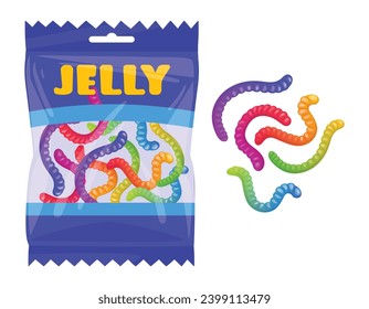 Cartoon gummy worms. Chewy jelly candies package, sugary marmalade packaging, tasty sweets in plastic bag flat vector illustration. Gummy chewy worms