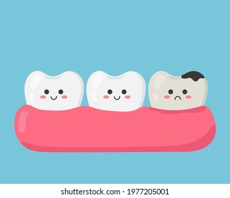 Cartoon gums and teeth isolated on blue background. Healthy teeth and tooth with caries. Vector illustration 