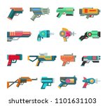 Cartoon gun vector toy blaster for kids game with futuristic handgun and children raygun of aliens in space illustration set of child pistols and laser weapon isolated on white background