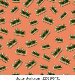 cartoon gunkan-maki sushi, japanese food seamless pattern on colorful background