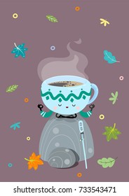 Cartoon guru coffee cup meditates on a stone.  Vector illustration. Funny cartoon poster.