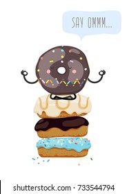 Cartoon guru donut meditates.  Vector illustration on a transparent background. Funny cartoon poster.
