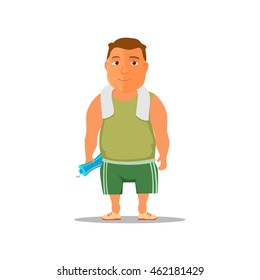 Cartoon guy after work out, with towel and water bottle. Vector Illustration