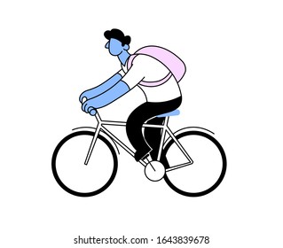 Caricaturista con mochila montando una bicicleta. Ilustración vectorial de estilo plano. Aislado sobre fondo blanco.