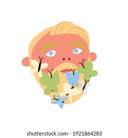 Caricatura con barba y mariposas. Un hipster barbudo con insectos coloridos. Ánimo de primavera. Ilustración de vectores dibujada a mano sobre un fondo blanco aislado. Diseño gráfico lindo.