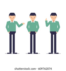 Cartoon guy in casual clothes. Young man standing in different poses. Flat vector illustration on white background