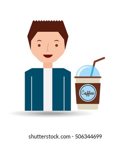 cartoon guy with cup coffee cover straw design icon vector illustration