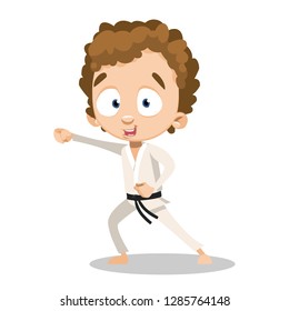 Cartoon guy with curly hair training in karate. Cute boy working hit in white suit vector illustration. Activity and sport concept. Isolated on white background