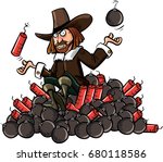 Cartoon of Guy Fawkes sitting on a pile of bombs
