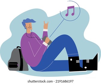  cartoon guy flat style leaning on a bag holding a cellphone while listening to music on his favorite music player