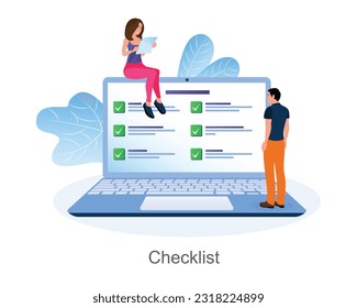 Cartoon guy and girl mark completed tasks through laptop computer. Process of developing effective time management strategy. Time for making calendar schedule. Vector