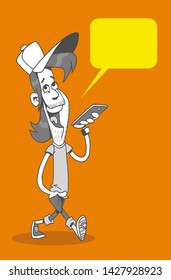 Cartoon guy, with hat, walking and talking on his cell phone