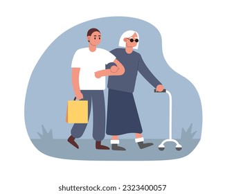 Un tipo de caricatura ayuda a una anciana ciega a caminar. Personas de organizaciones voluntarias que ayudan a personas con discapacidad. Apoyo a los seres humanos con necesidades especiales. Vector