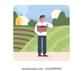 Cartoon guy holding basket of grapes in hands. Process of making alcoholic drinks. Winemaking using organic grapes. Wine production industry. Vector illustration