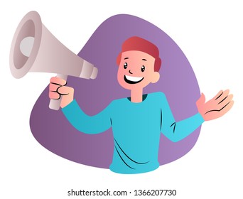 Hombre de caricatura con la iluminación portadora del vector megahone sobre fondo blanco