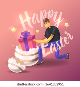 Cartoon guy holds a egg gift box. Happy Easter phrase on an invitation card. Holiday egg with golden stripes 