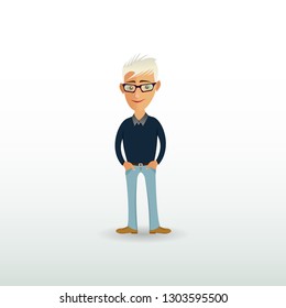 Cartoon guy. Illustration of a handsome young man with white hair, in blue jeans and trendy glasses. Stylish young man in cartoon style - Vector. Guy with ash hair