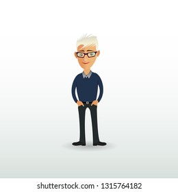 Cartoon guy. Illustration of a handsome young man with white hair, in dark trousers and trendy glasses. Stylish young man in cartoon style - Vector. Guy with ash hair