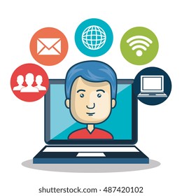 cartoon guy laptop media connection graphic