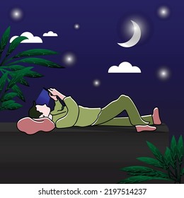 Cartoon guy laying down and using mobile at night under open sky, fantasy beautiful night vector illustration with moon at sky.