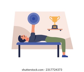 Cartoon guy lifts bar lying down in front of trophy. Healthy and active lifestyle. Time for sports exercises. Physical activity. Fitness activities. Training indoor. Weightloss process. Vector