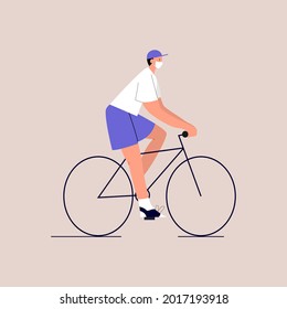 A cartoon guy in medical face mask is riding a bicycle. Eco-friendly urban transport. Lifestyle after quarantine. Vector illustration in a flat style on an isolated background. Eps 10.