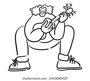 cartoon guy musician with a guitar in doodle style. template for print advertising poster sticker icon illustration. people in lines