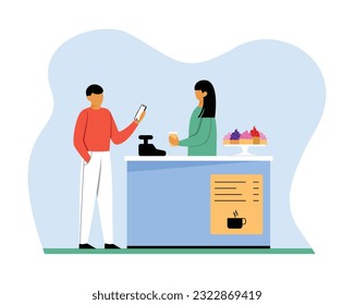 Cartoon guy pays contactless with cell phone for coffee at coffee shop. Modern and safe digital money transactions. Secure banking services. Flat style vector illustration