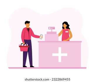 Cartoon guy pays contactless with smartphone for purchases at pharmacy at cash register. Modern secure banking services. Process of buying goods and paying using smartphones. Vector