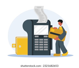 Cartoon guy pays for purchase with credit card near terminal. Secure mobile banking. Wireless money transfer. Making purchases online. Digital marketing environment. Vector