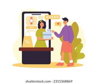 Un tipo de caricatura hace un pedido por teléfono. Comprando regalos en tiendas online. Compradores comprando en venta por internet. Ofertas especiales y descuentos. Ilustración del vector