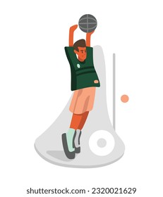 Cartoon guy puts ball in hoop playing basketball. Time for sports exercises and morning workout. Active and healthy lifestyle. Feeling happy when doing workout. Vector