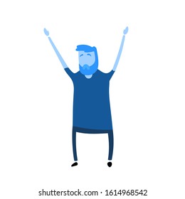 Cartoon guy raised his hands up. Cartoon design icon. Flat vector illustration. Isolated on white background.