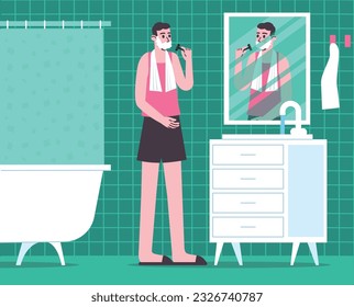 Cartoon guy shaves. Man in bathroom in front of mirror. Hygienic morning procedures. Facial skin hair removal. Beard care. Male skincare routine. Person with shaving