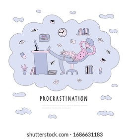 Cartoon Guy sitting with his legs on desk, dreaming and procrastinating instead of working. Resting office worker, student in the clouds. Vector Illustration in flat style