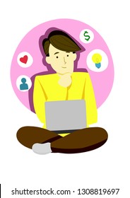 Cartoon guy sitting with laptop ond lap