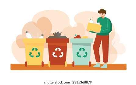 Cartoon guy sorts trash into different bins. Living in eco green city. Social charity activities. Planting trees and sorting garbage. Vector flat style illustration