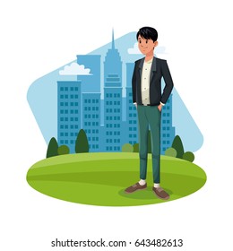 cartoon guy standing grass with city building background