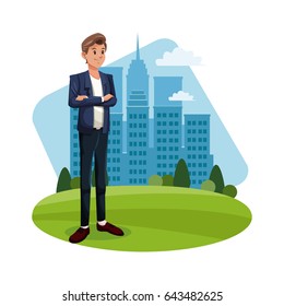 cartoon guy standing grass with city building background