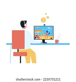 Un tipo de caricatura jugando en el ordenador. Ilustración vectorial plana. Joven con audífonos recibiendo dinero para la emisión de juegos en Internet. En línea, streaming, juego